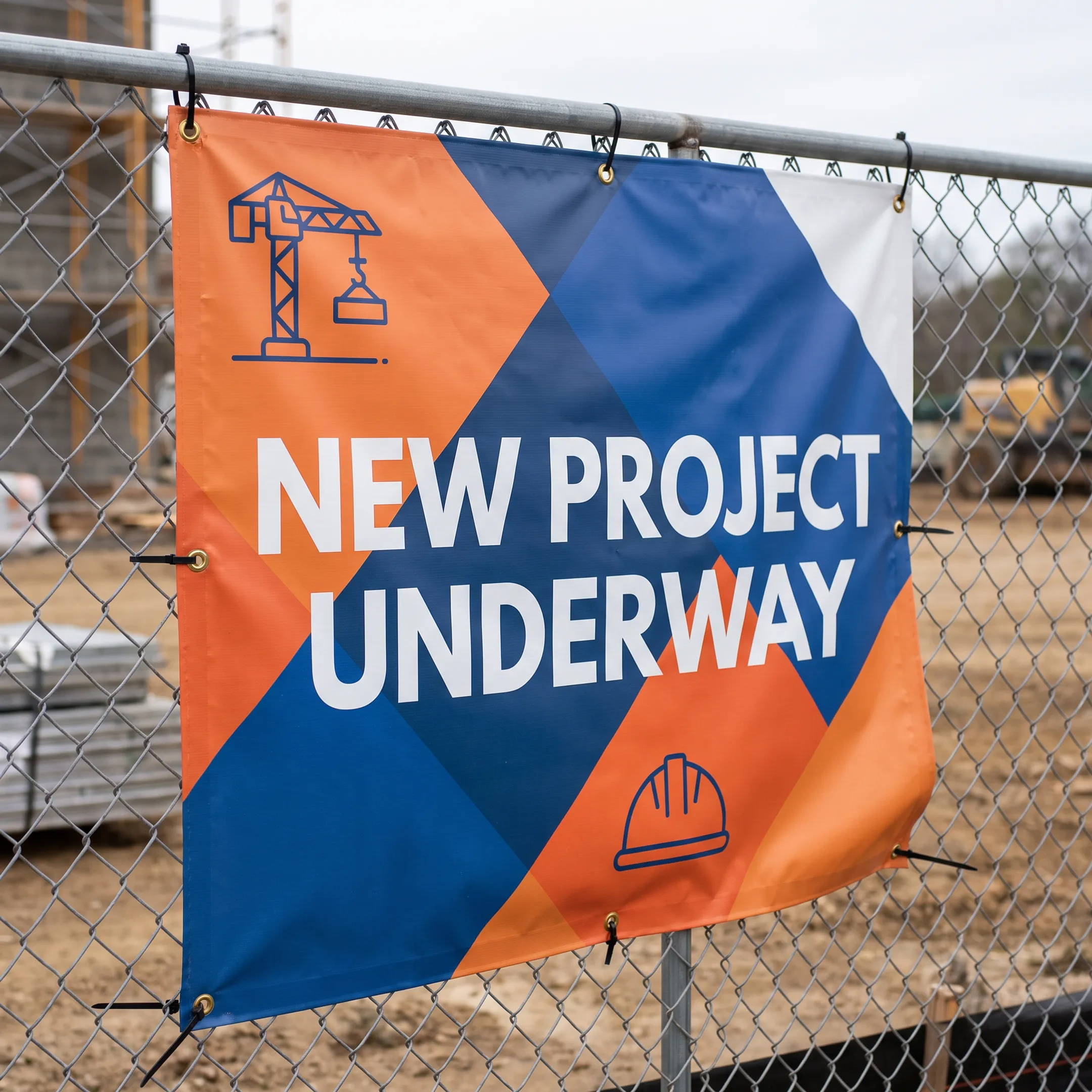 Printed construction project banner installed along temporary fencing