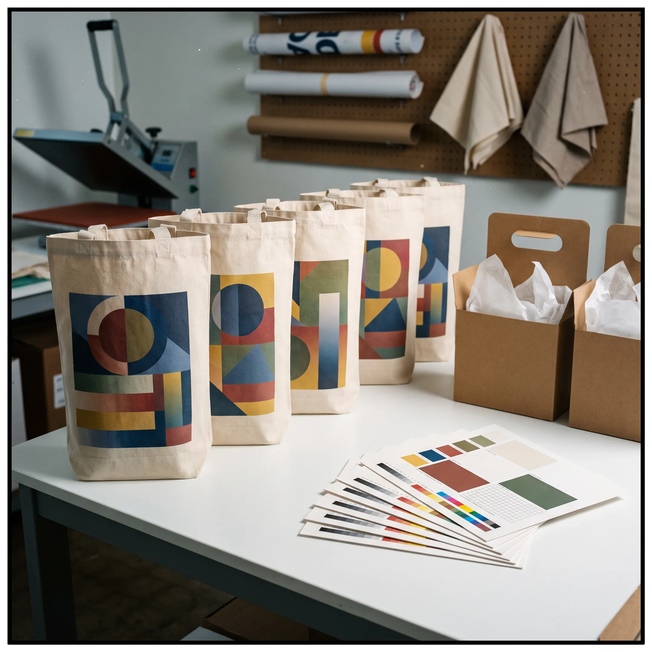 Branded wine tote bags with custom logos arranged for a promotional order