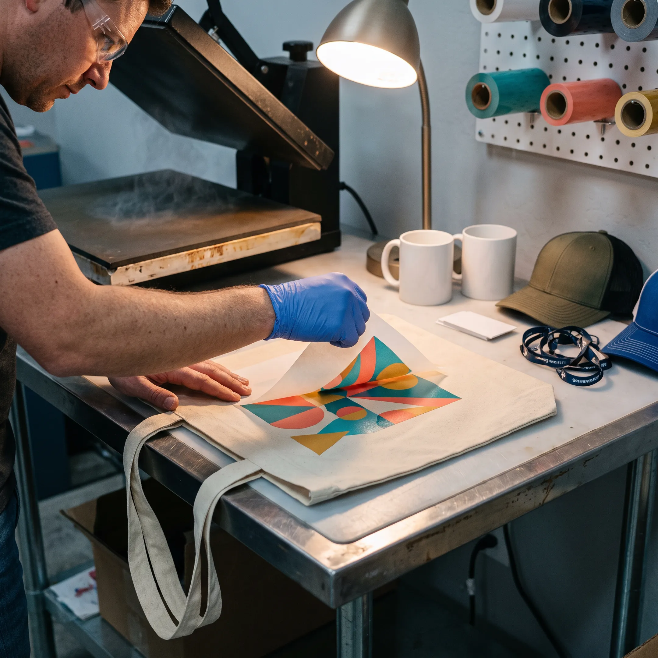 Close-up of a custom logo being applied to a wine tote bag