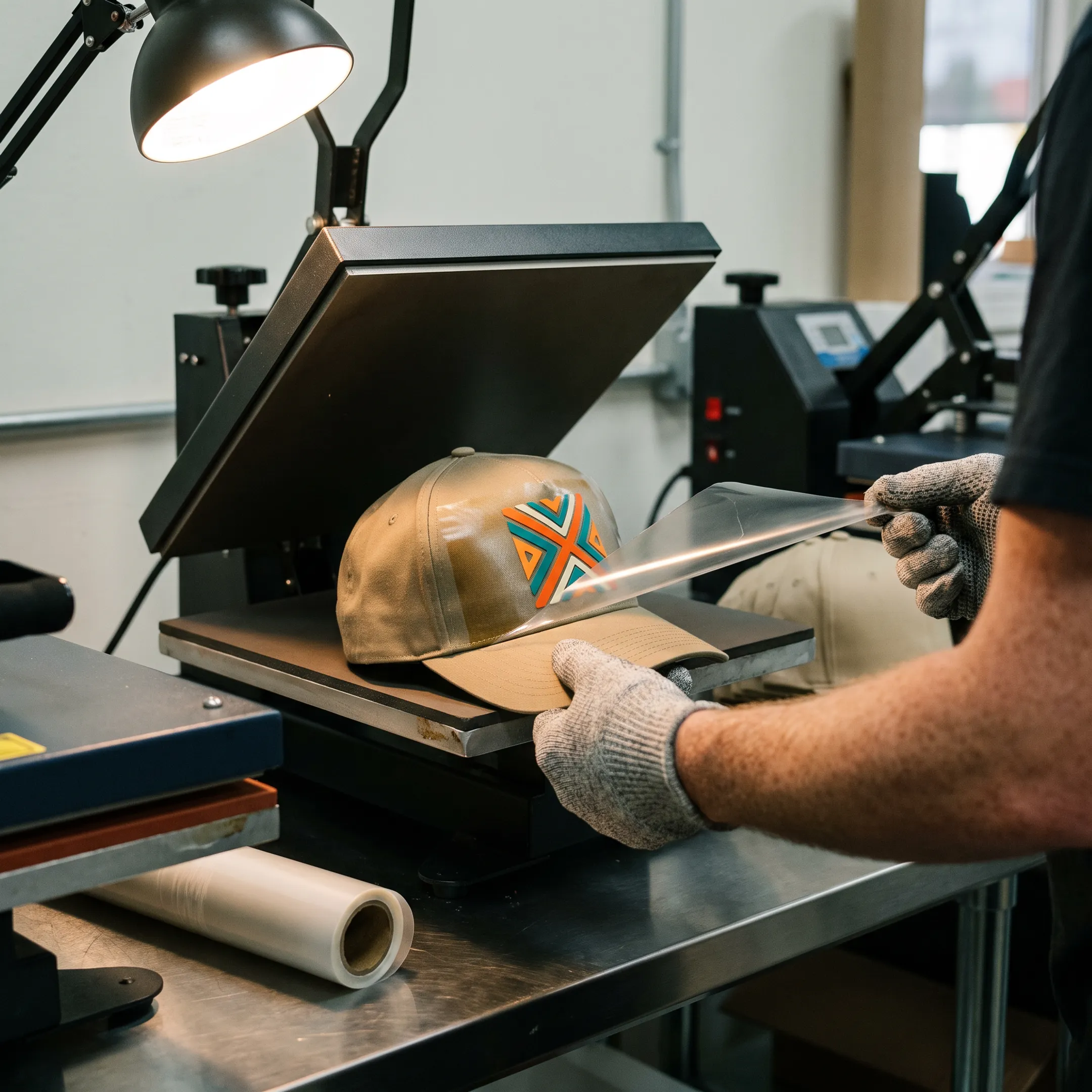 Custom DTF transfer being heat pressed onto a branded hat