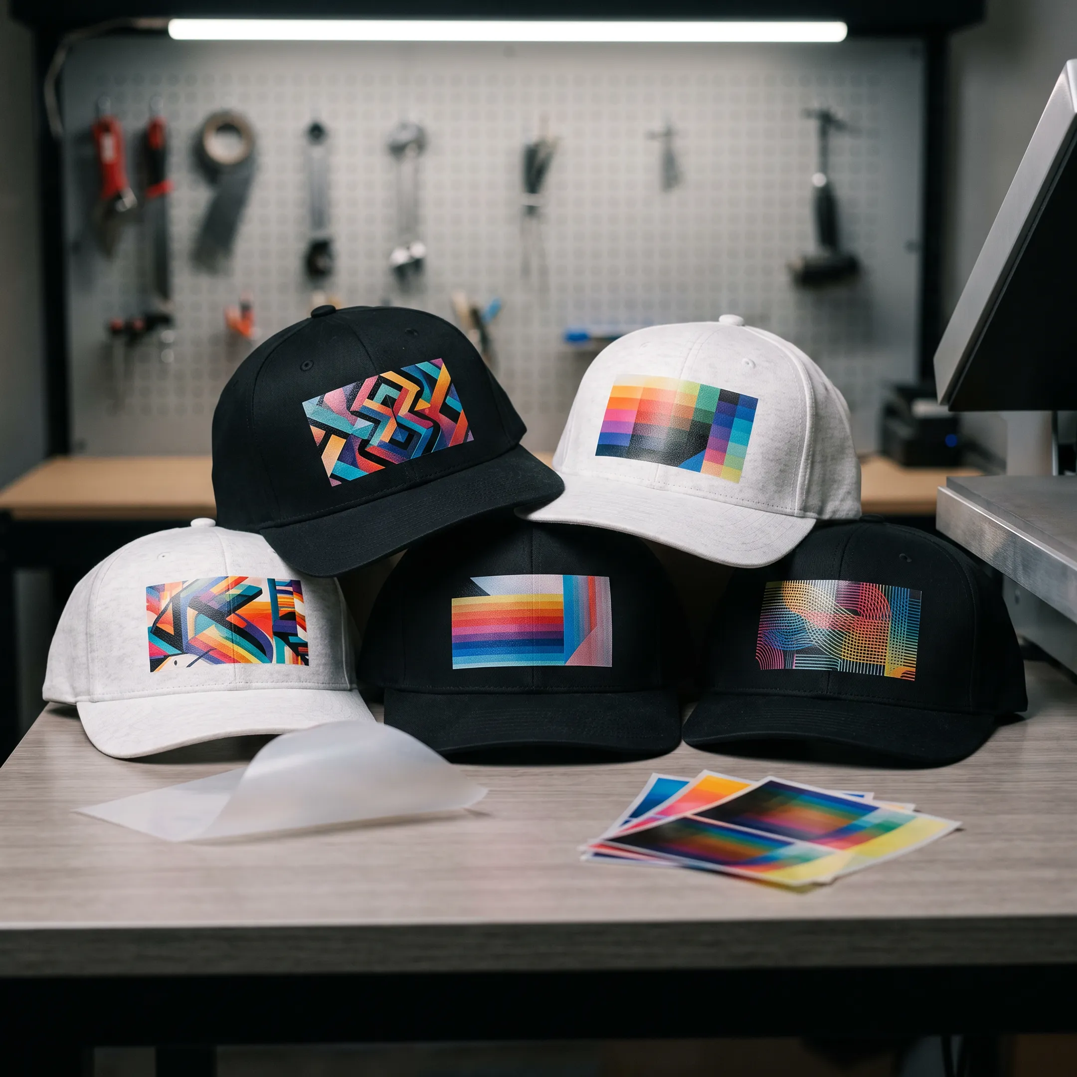 Colorful custom logo displayed on a finished branded hat