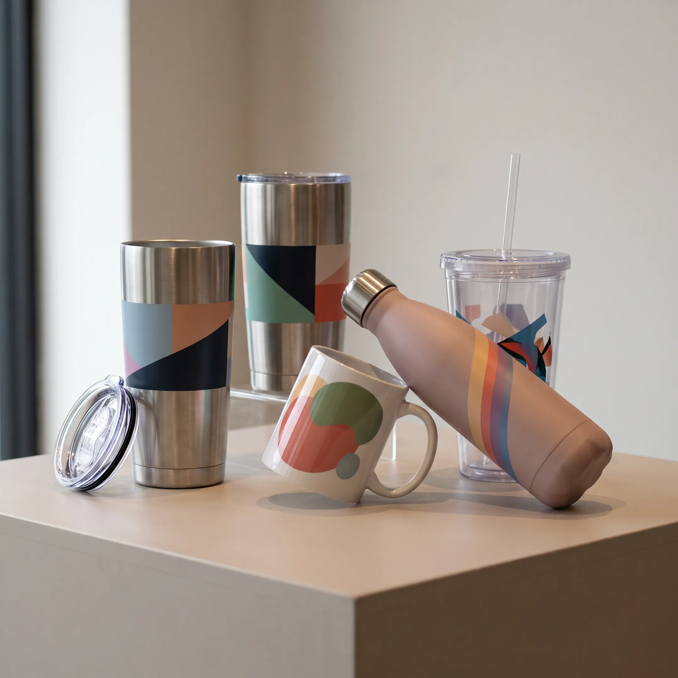Custom branded drinkware arranged on a business table