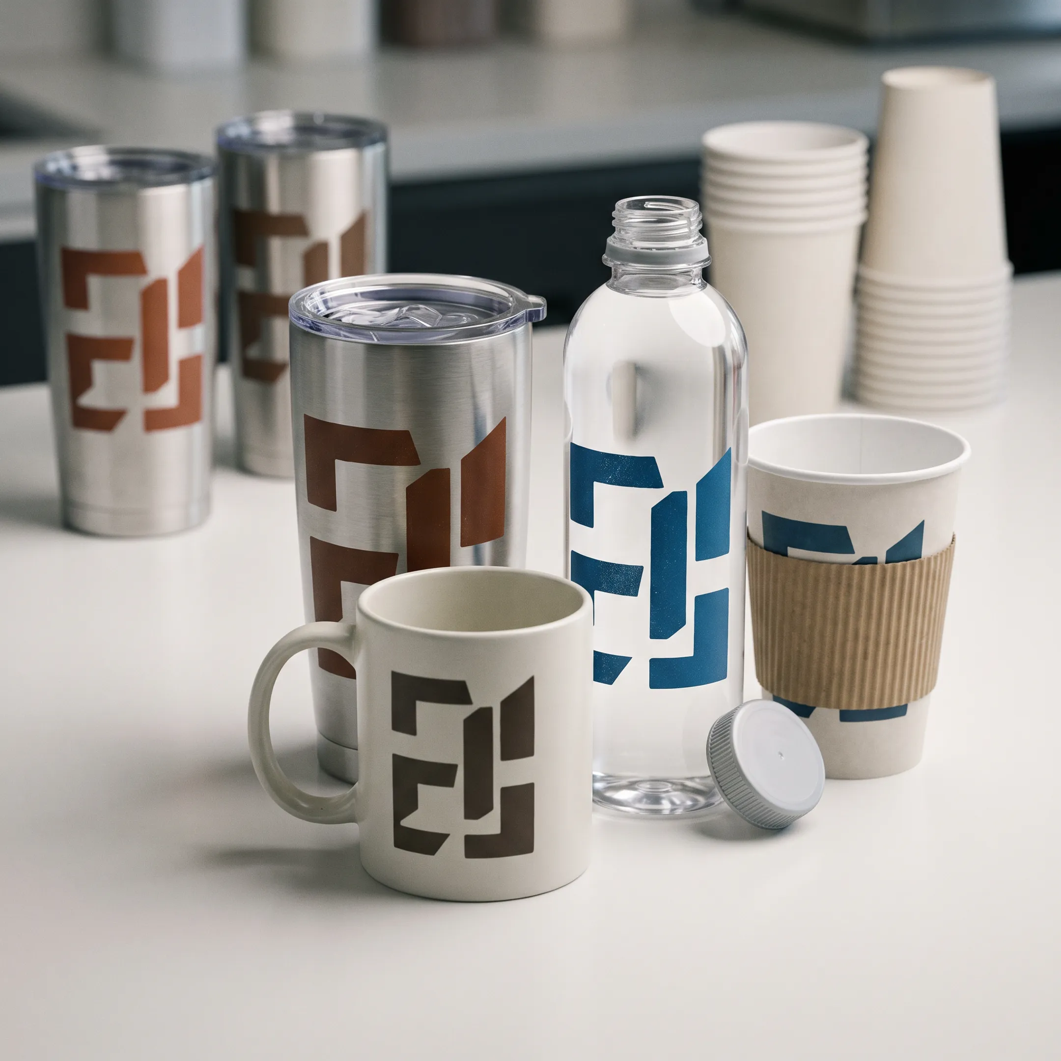 Business-branded tumblers and bottles prepared for promotional use
