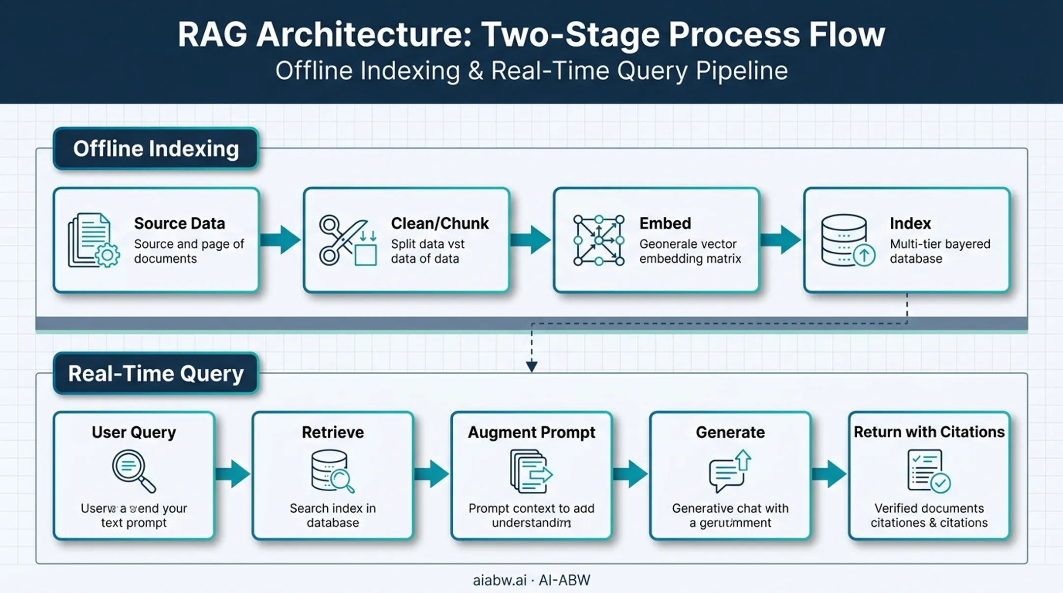 RAG pipeline flow from data ingestion to generation with citations