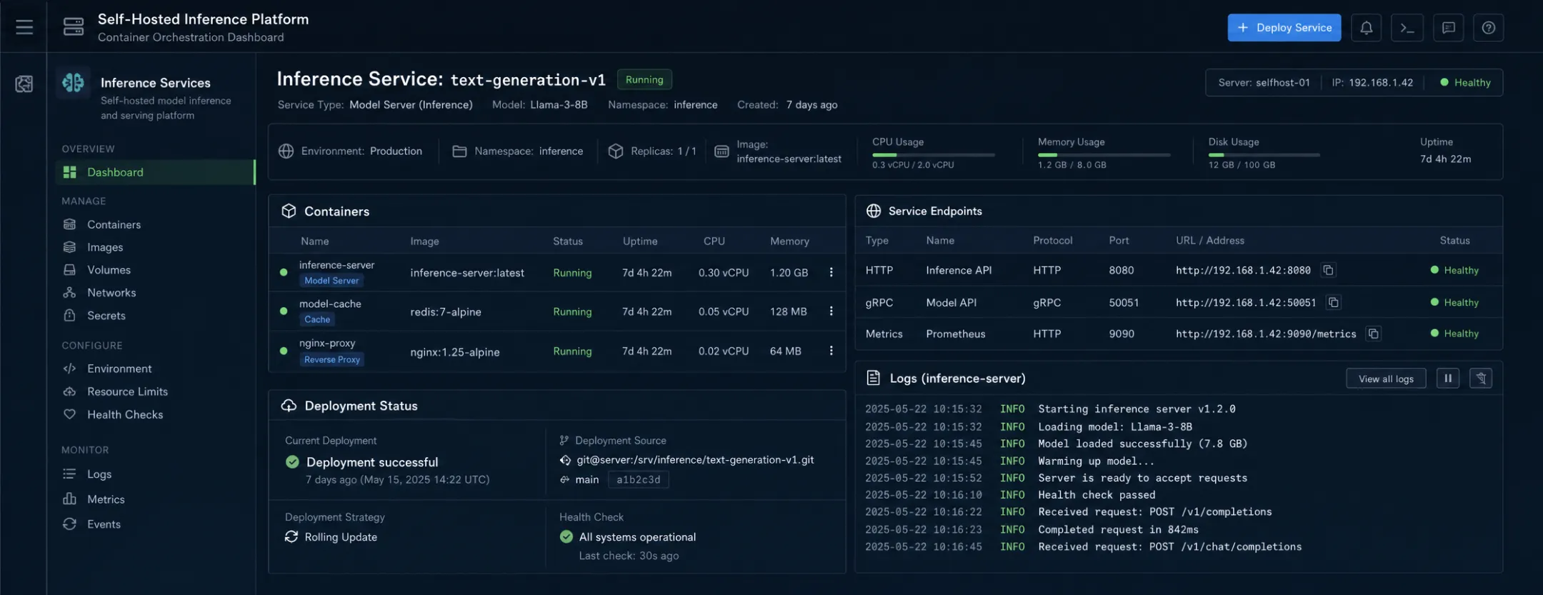 Docker containerized deployment interface for LLM inference server setup