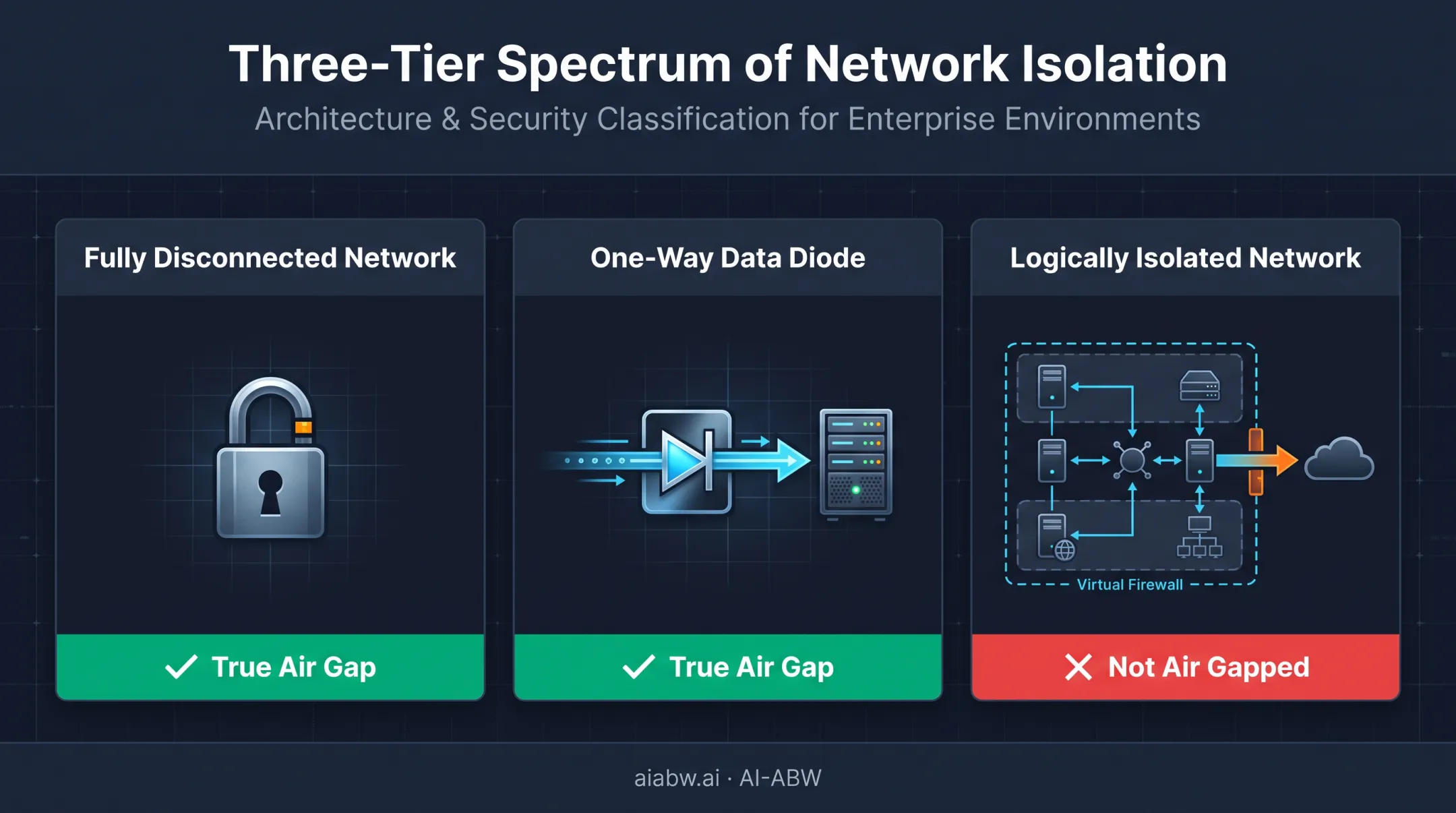 Air-gapped versus isolated network connectivity spectrum comparison diagram