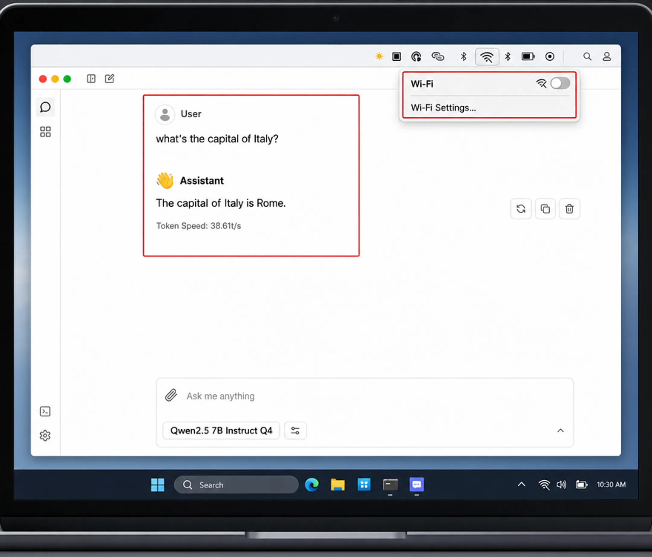 Local AI chatbot interface running offline on laptop screen