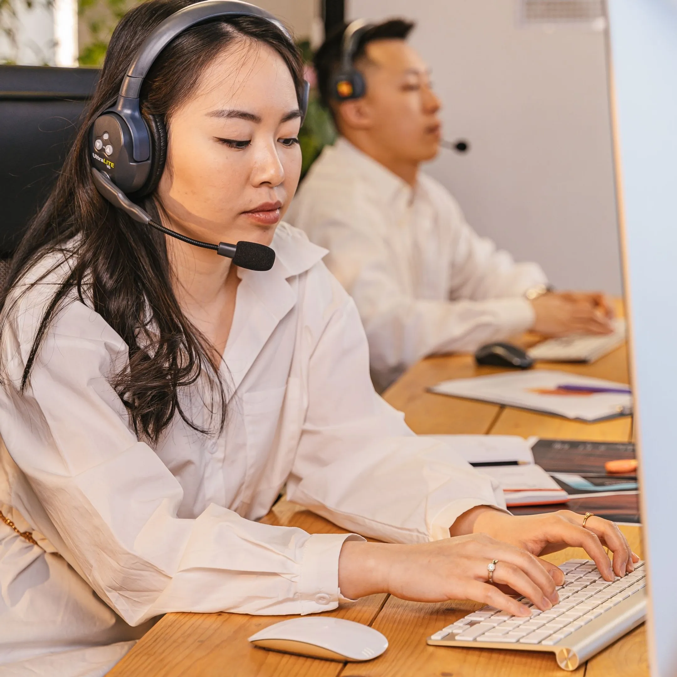 Employee consulting a private customer service AI assistant