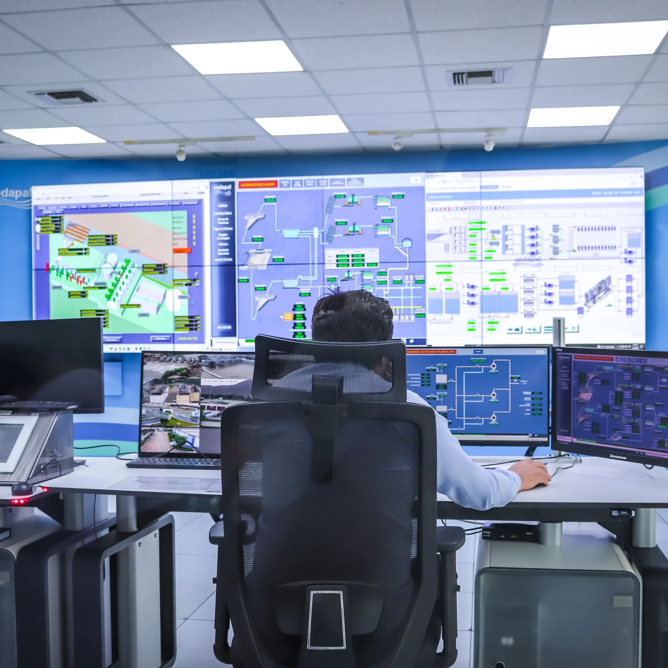 Industrial team using a private AI dashboard beside operational business systems