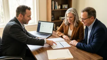 Married couple meeting with financial advisor reviewing long-term care planning documents
