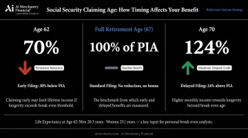 Social Security claiming age comparison showing benefit percentage at 62 FRA and 70