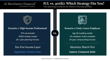 Two retirement planning scenarios comparing IUL and 401k strategy outcomes side by side