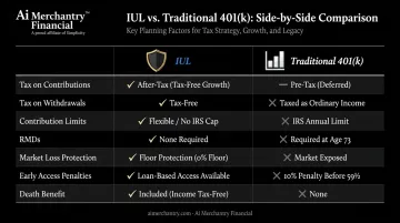 IUL versus traditional 401k side-by-side retirement comparison infographic
