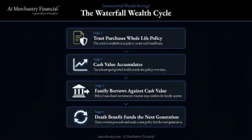 Waterfall wealth cycle four-step process from trust purchase to generational policy renewal