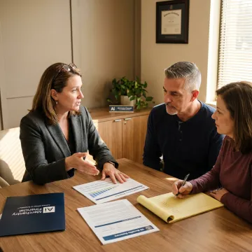 Advisor reviewing life insurance and retirement documents with veteran family