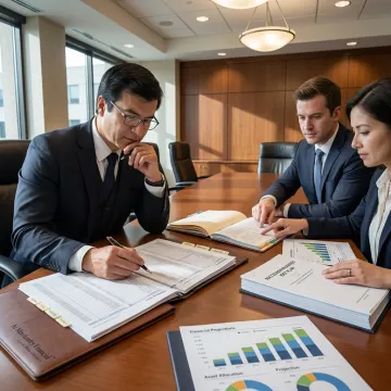 Business owner and advisors reviewing estate planning documents