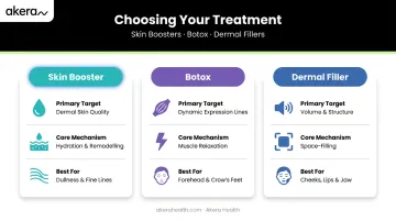 Skin boosters versus Botox versus dermal fillers three-way comparison infographic