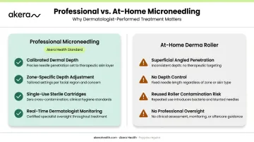 Professional microneedling versus at-home derma roller side-by-side comparison infographic