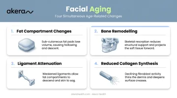 Four key facial aging changes causing mid-face volume loss infographic