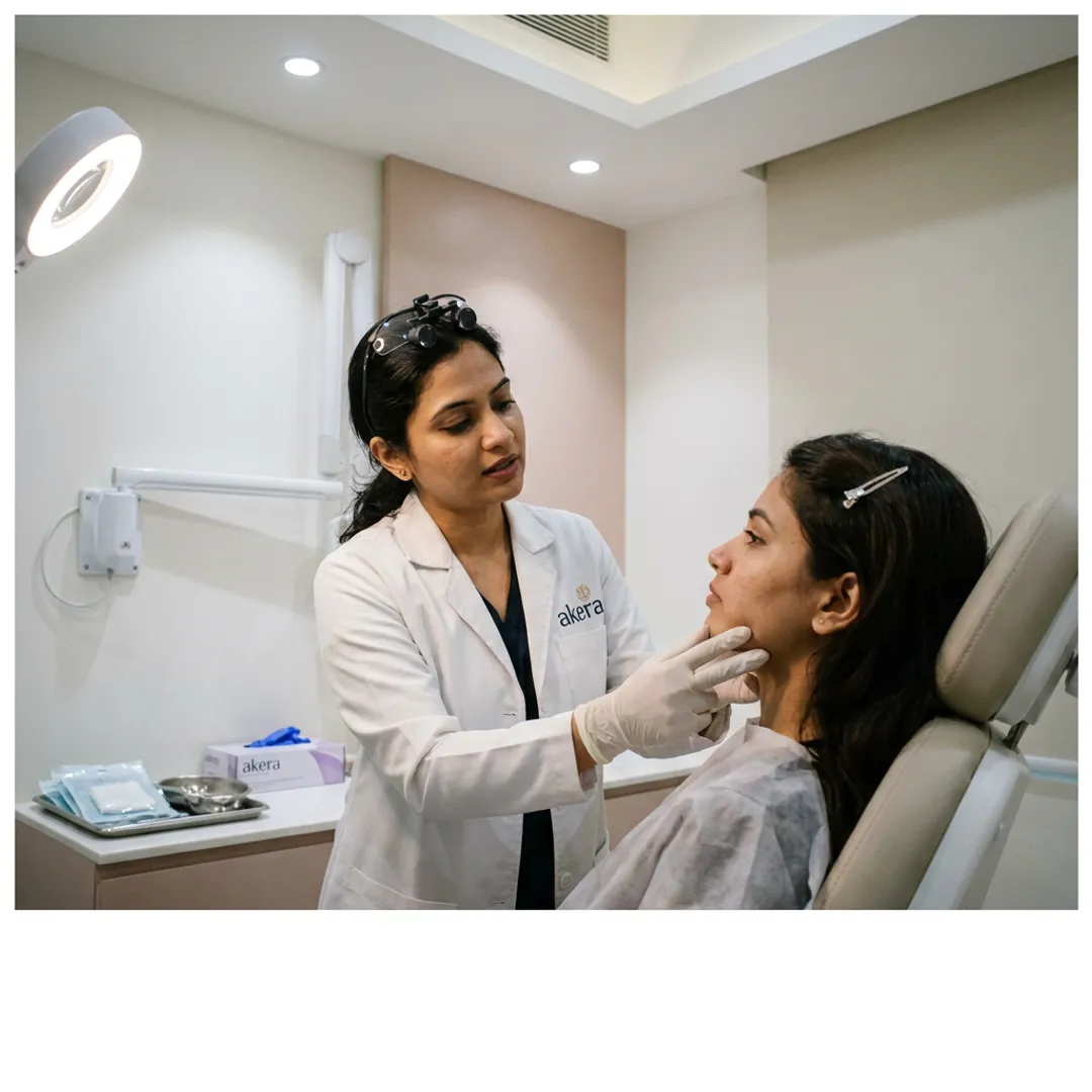 Dermatologist planning V-shape facial contour treatment