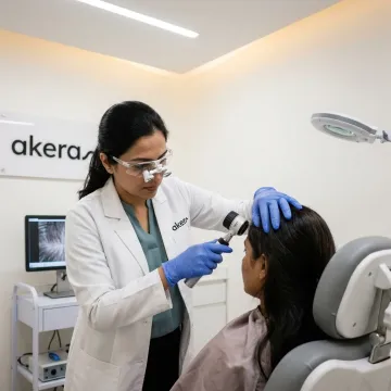 Dermatologist examining patient scalp for hair fall treatment