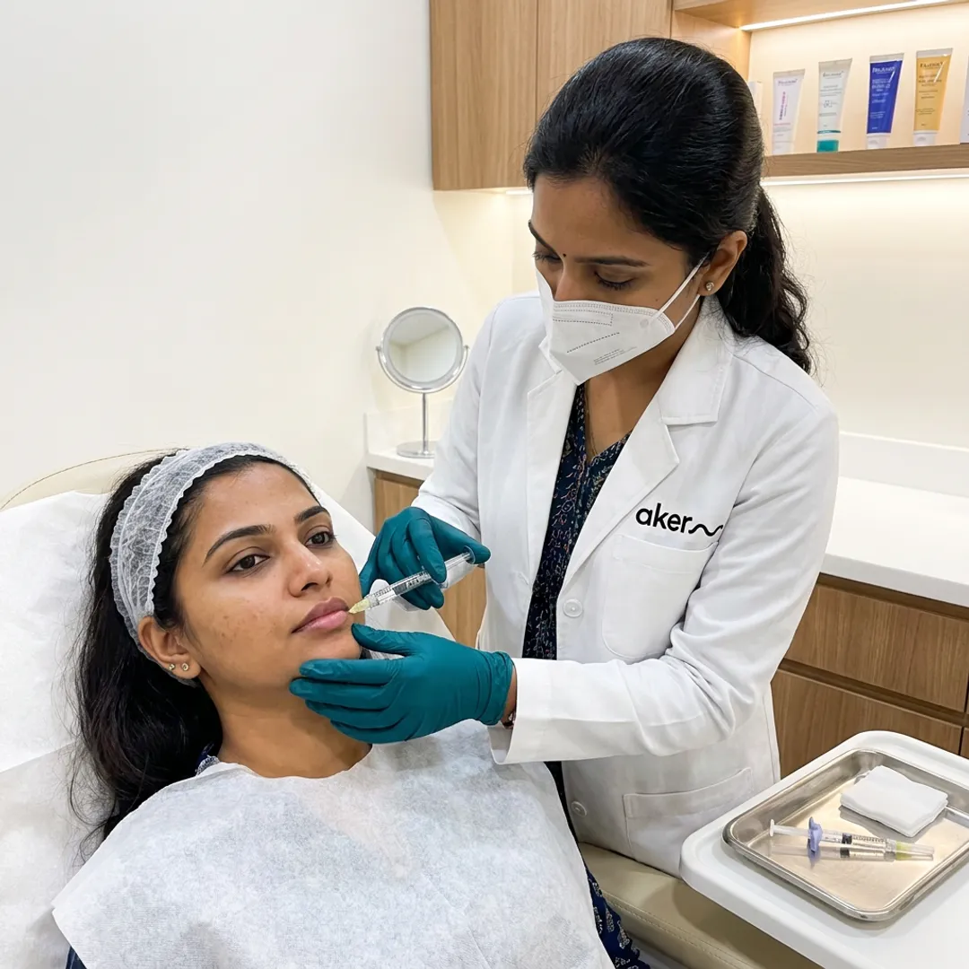 Dermatologist preparing lip filler consultation
