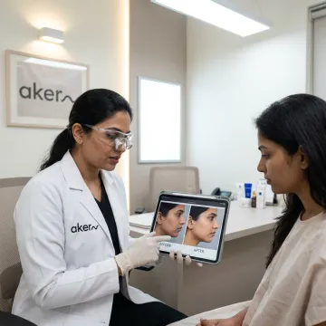 Dermatologist reviewing chin filler results with patient