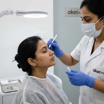 Dermatologist assessing patient nose profile before filler treatment