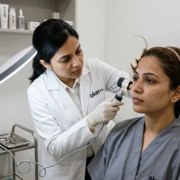 Dermatologist examining facial freckles