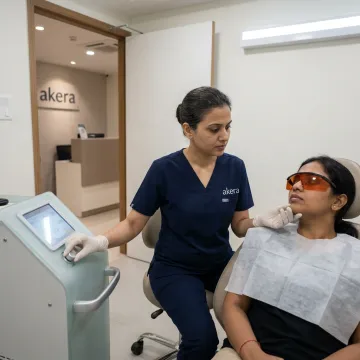 Dermatologist preparing laser lip lightening treatment