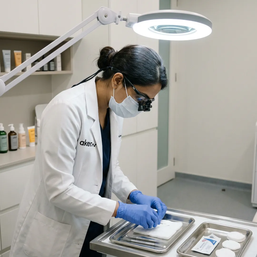 Doctor preparing sterile tools for milia removal
