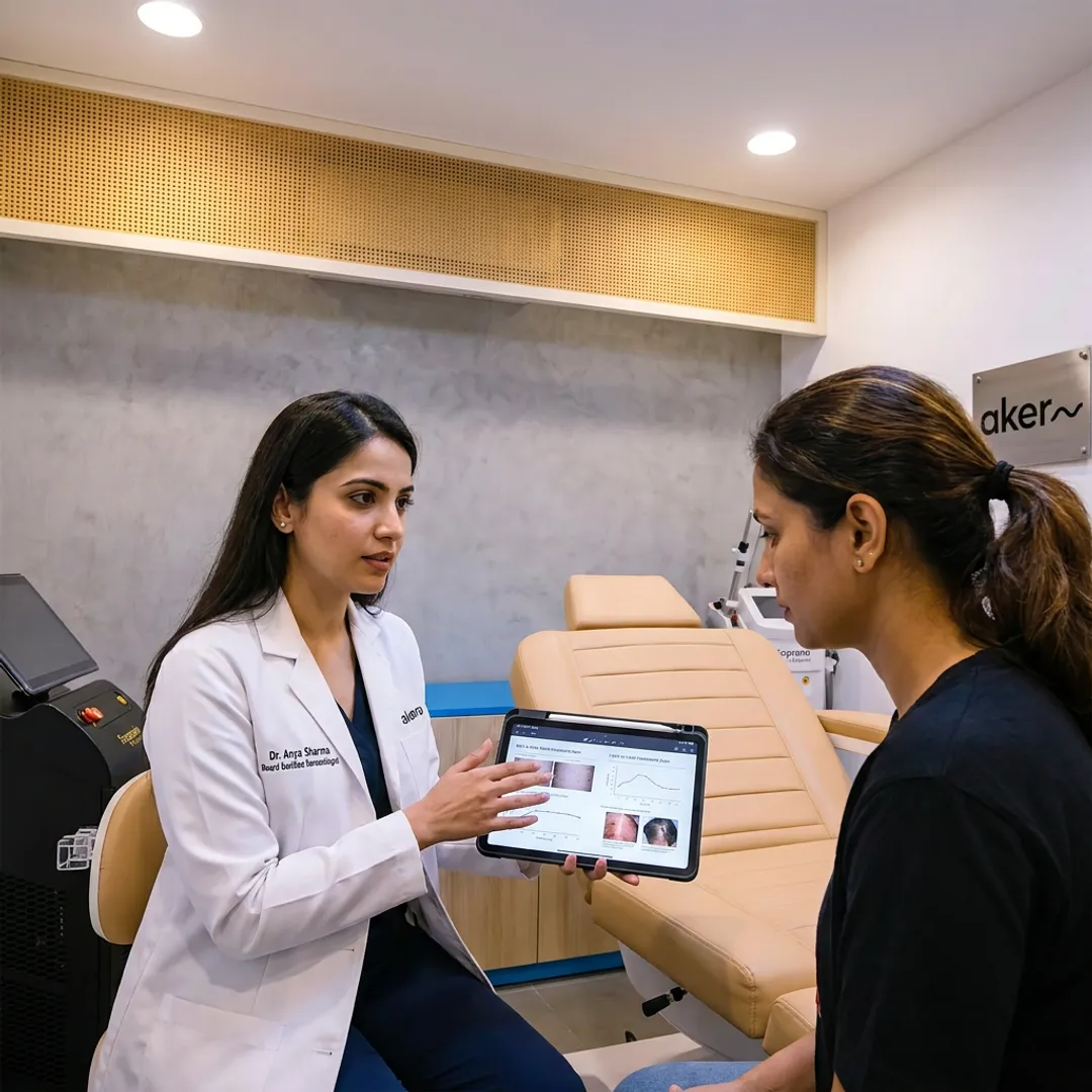 Dermatologist explaining skin treatment options to a patient