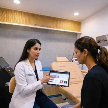 Dermatologist explaining skin treatment options to a patient
