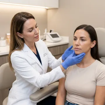 Dermatologist assessing facial contours for V-shape treatment