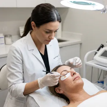 Dermatologist applying under-eye peel treatment