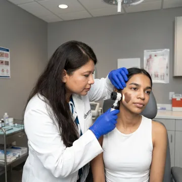 Dermatologist examining skin before laser treatment