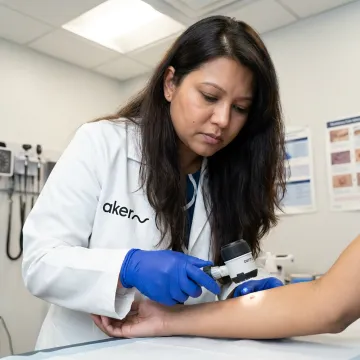 Dermatologist examining a wart before removal