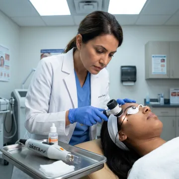 Dermatologist assessing a mole before treatment