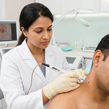 Dermatologist performing skin growth removal