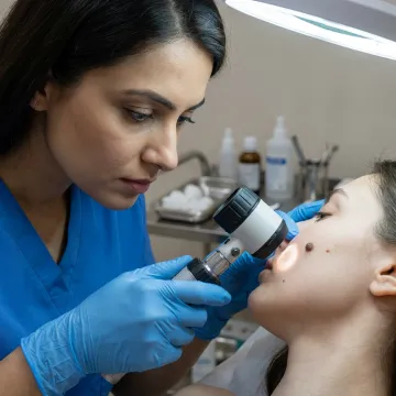Dermatologist examining a skin growth before removal