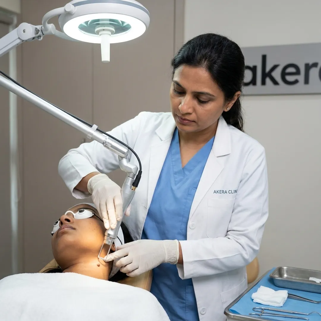 Dermatologist preparing skin tag removal treatment