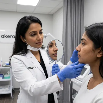 Clinician assessing a patient before nose filler treatment