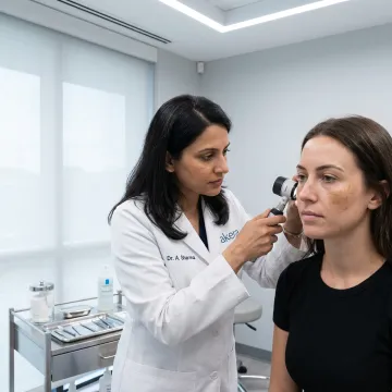 Dermatologist examining facial sunspots