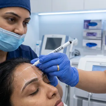 Dermatologist marking facial lines before injections