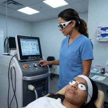 Dermatologist preparing laser treatment for darker skin