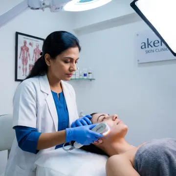 Dermatologist assessing skin before aesthetic treatment