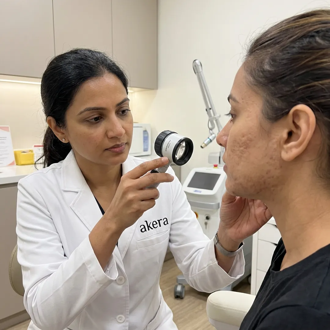Dermatologist assessing facial acne scars