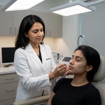 Dermatologist planning facial filler contouring
