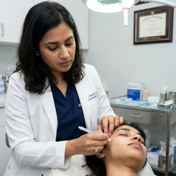 Clinician assessing cheek filler treatment plan
