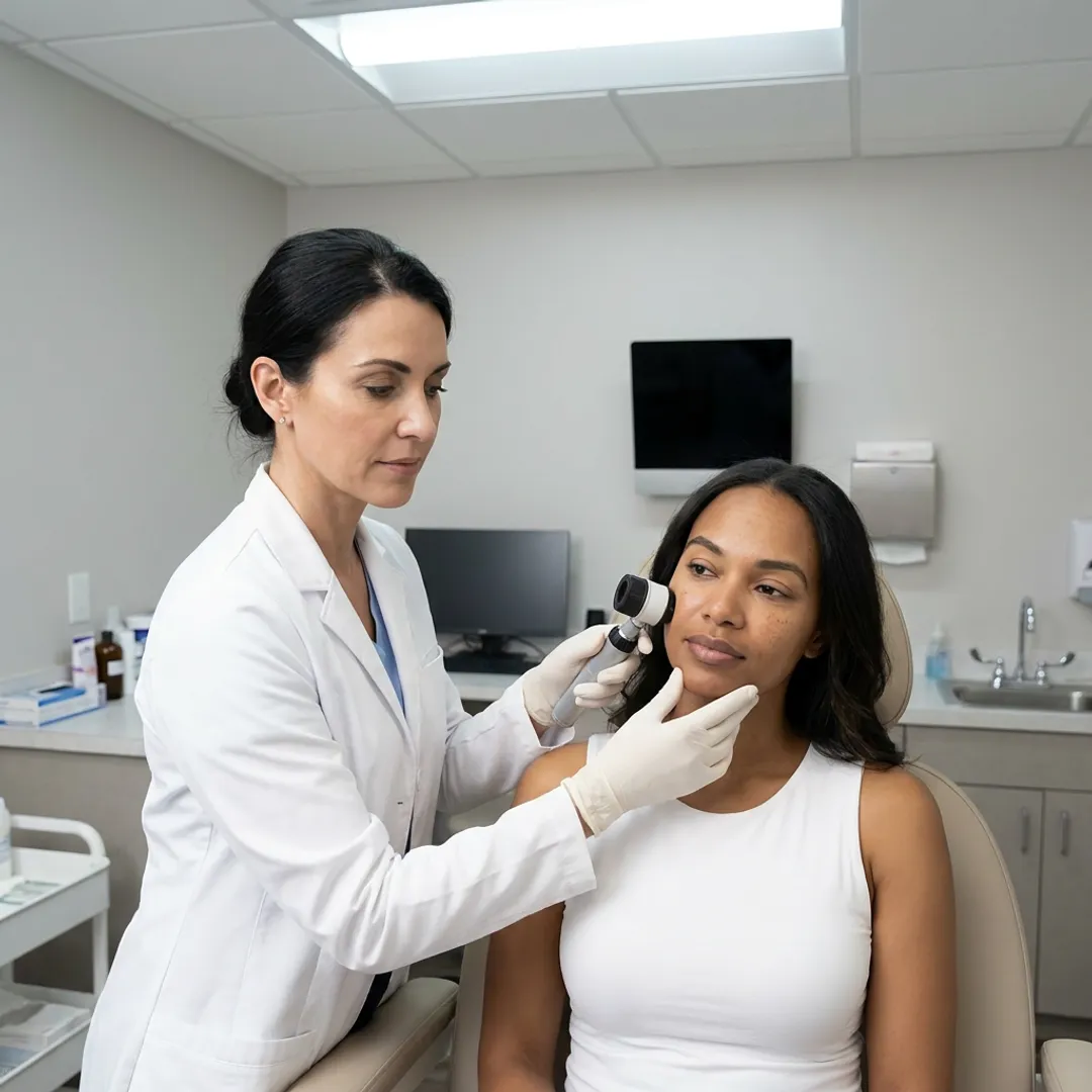 Dermatologist examining pigmentation before laser treatment